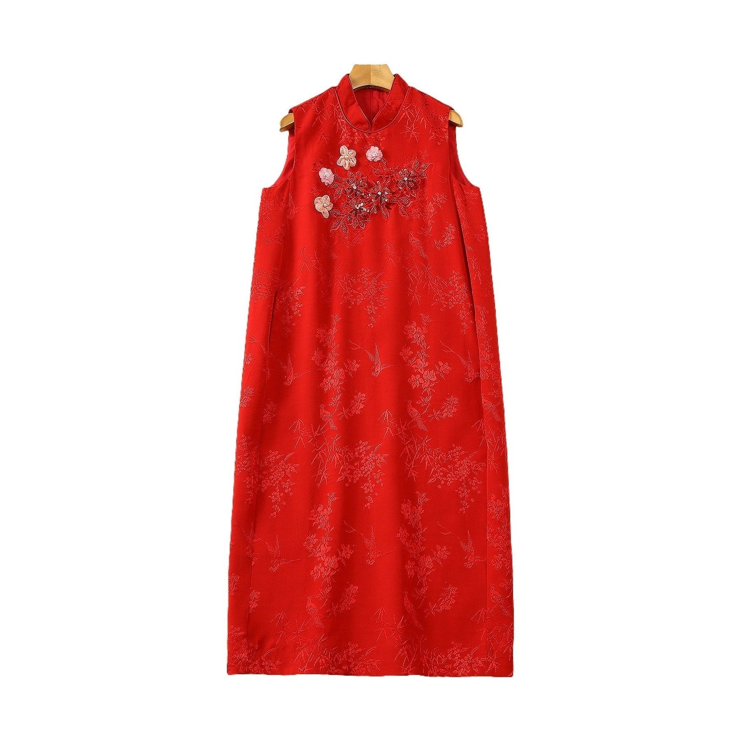 Stand Collar Three-dimensional Flower Embroidery Beads Jacquard Profile Dress