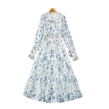 Smocking Elastic Waist Long Sleeve Chiffon Stitching Dress